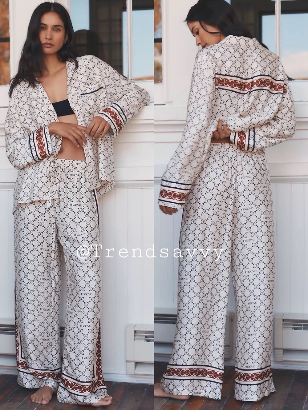 Anthropologie Maeve Ivory Silken Pajama Top Wide Leg Pants Set Luxury Loungewear